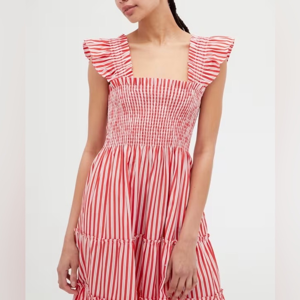Women’s Red Stripe Midi Dress with Smocked Bodice